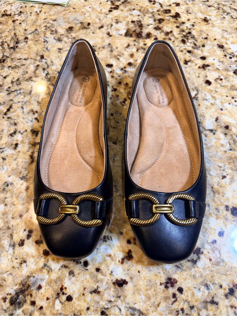 Giani Bernini Black Leather Slip-On Flats with Gold Chain Detail